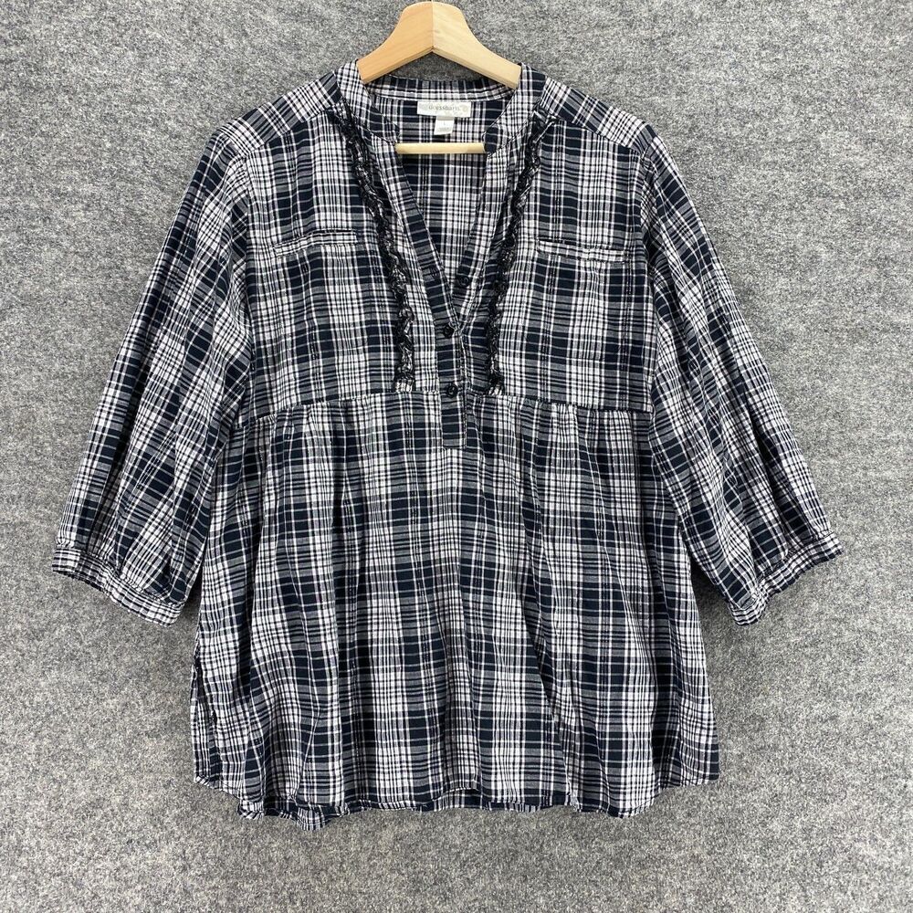 Dressbarn Blouse Women L Large Black Plaid V-Neck 1/2 Button 3/4 Sleeve Casual